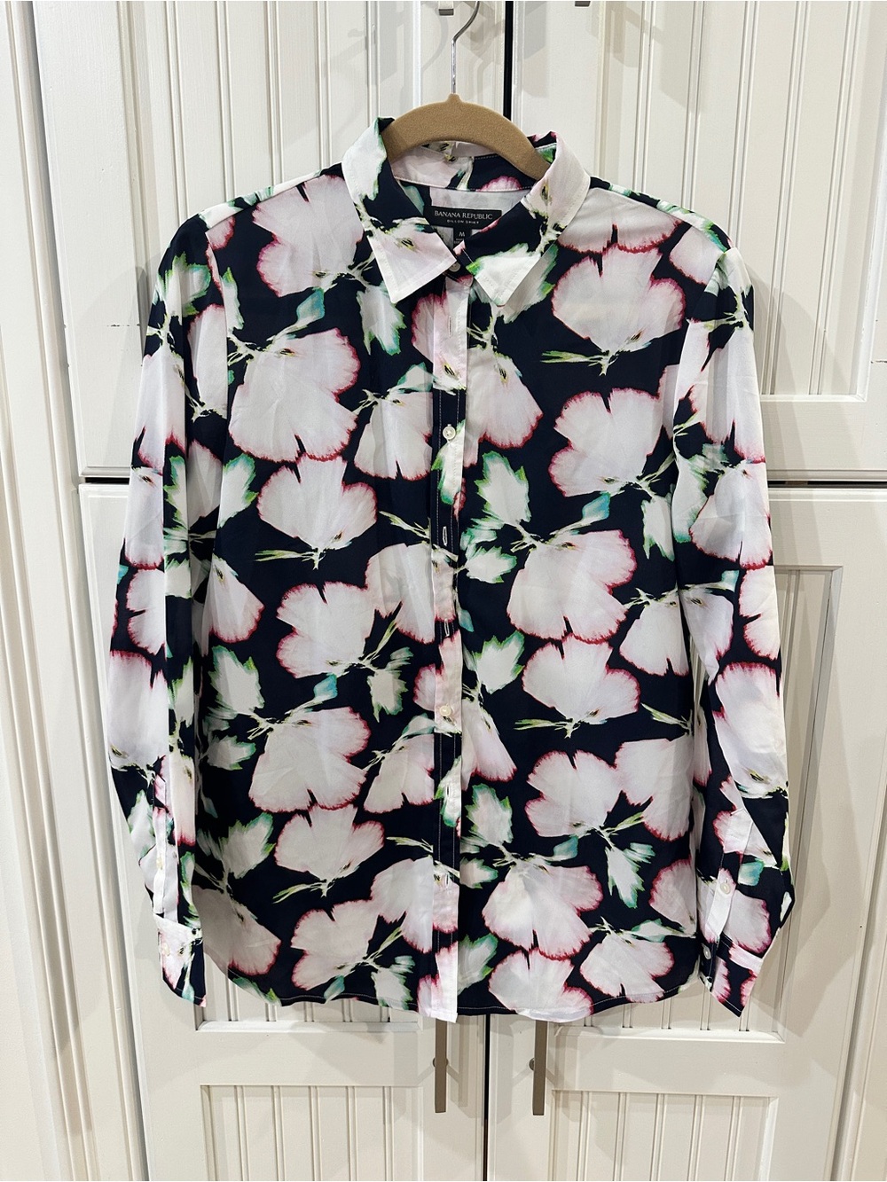 Banana Republic Black Button-Down Blouse with White Floral Print